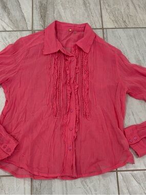 Free People FP One Shirt Womens S  Pink Confetti Ruffle Button Front Boho Top